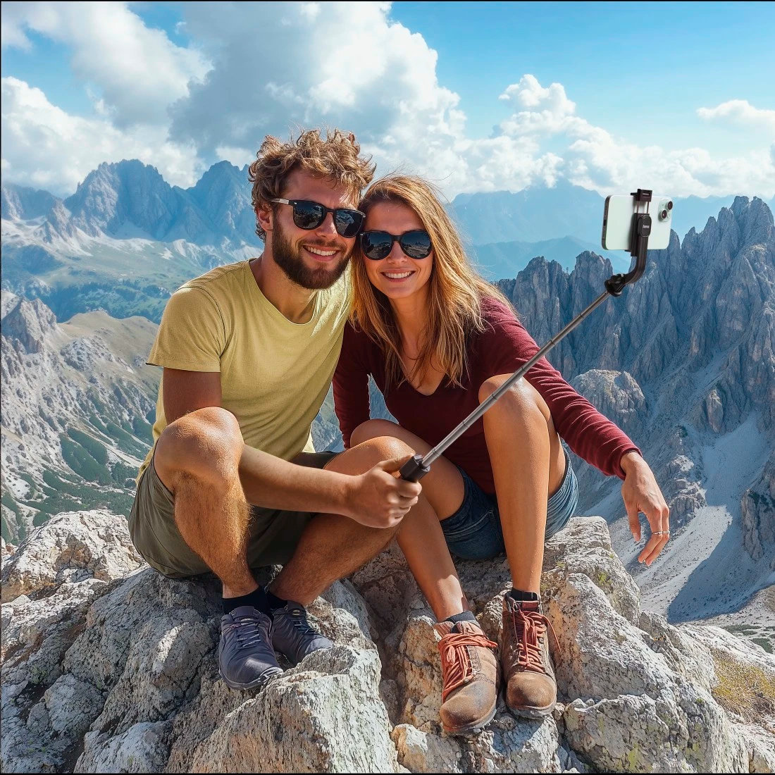 Para robi sobie selfie w górach, z poszarpanymi szczytami w tle.