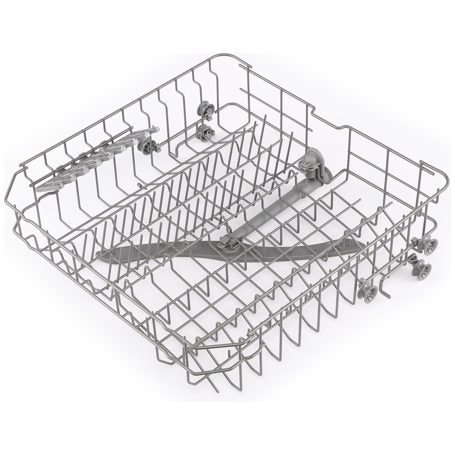 Een lege metalen vaatwasmand met wielen en sproeiarmen.