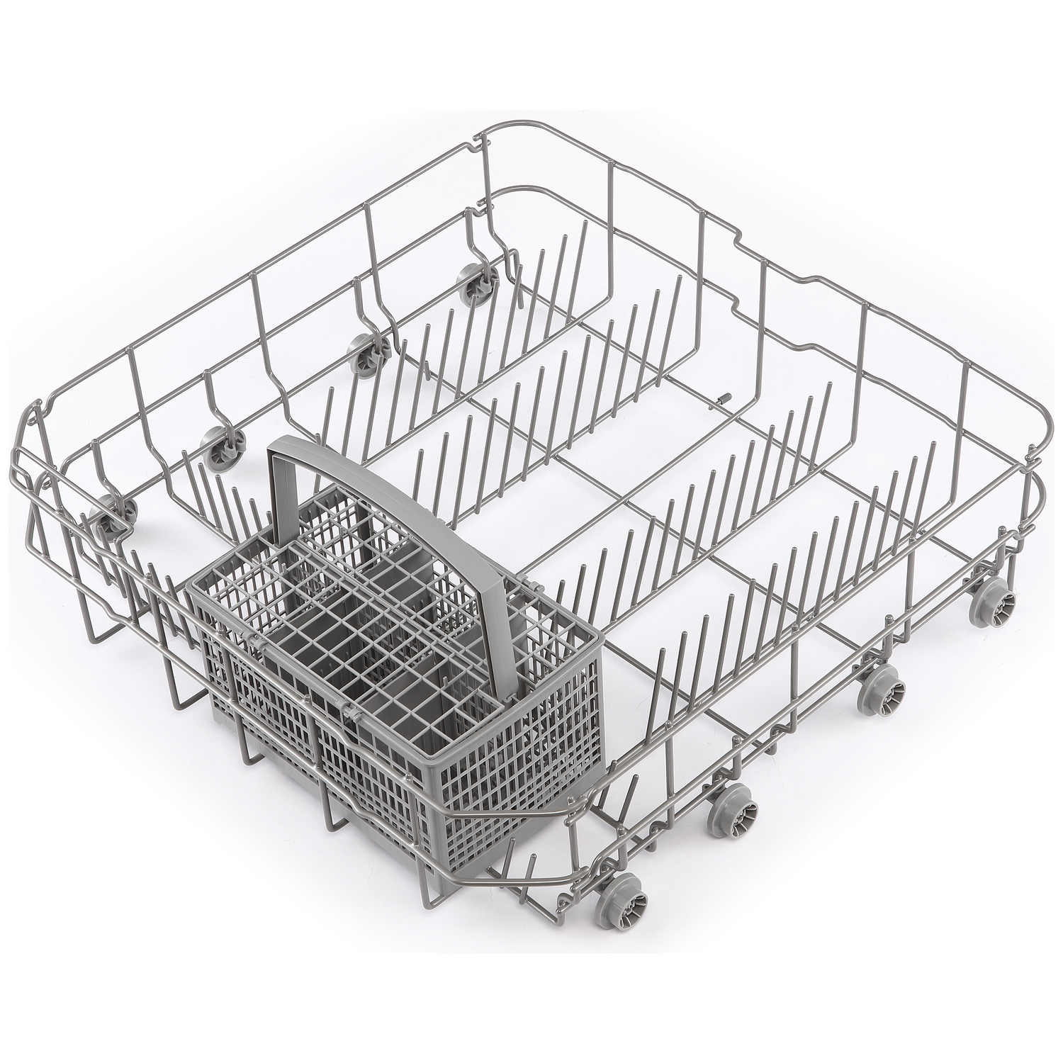 Een metalen vaatwasmand met een klein, grijs plastic bestekbakje en wieltjes.