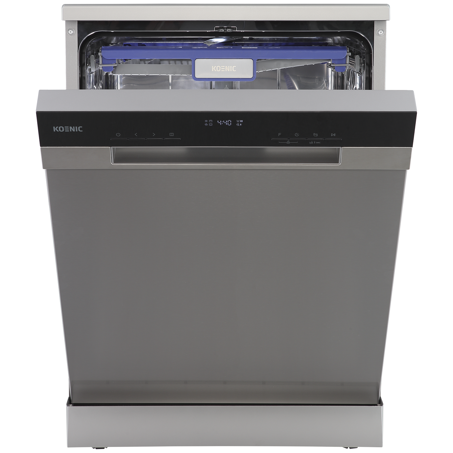 An open, silver dishwasher with a digital display and blue rack inside.