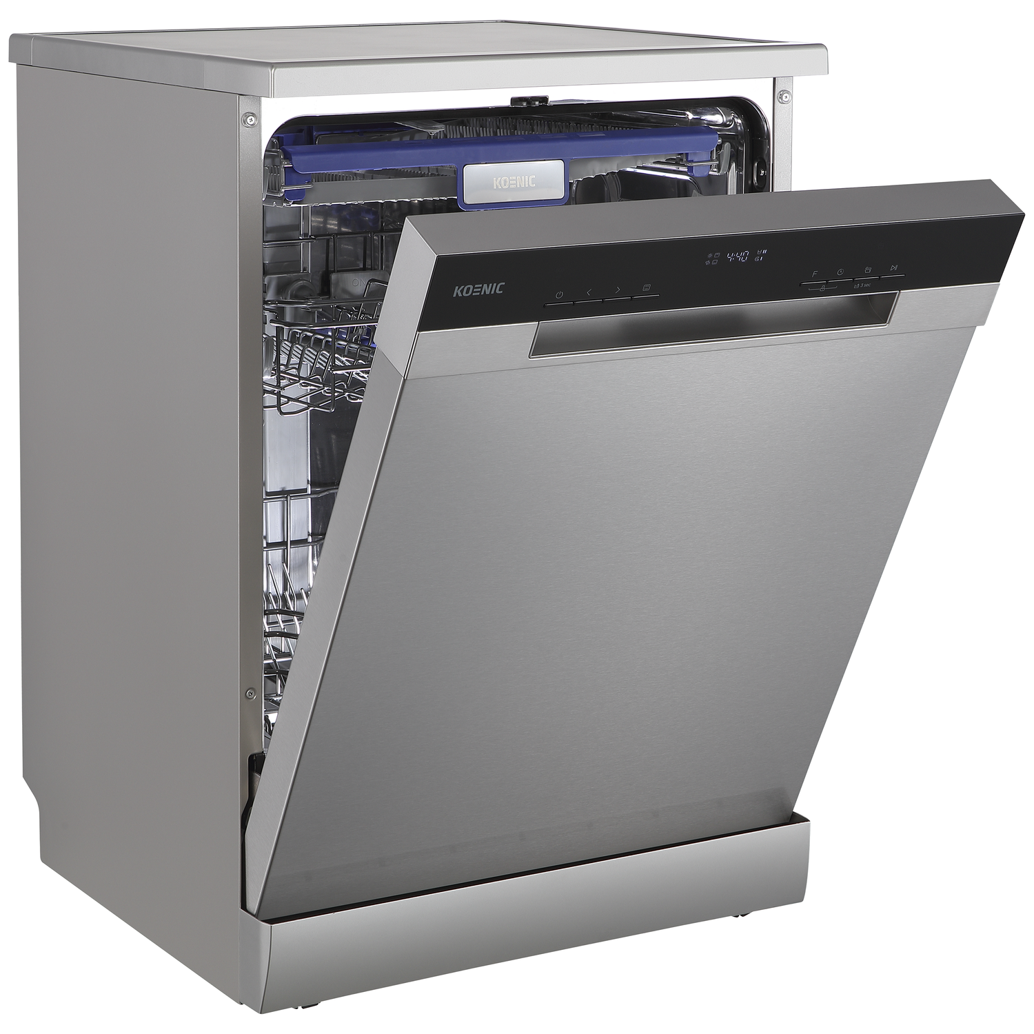 A silver Koenic dishwasher with its door open, revealing the interior.