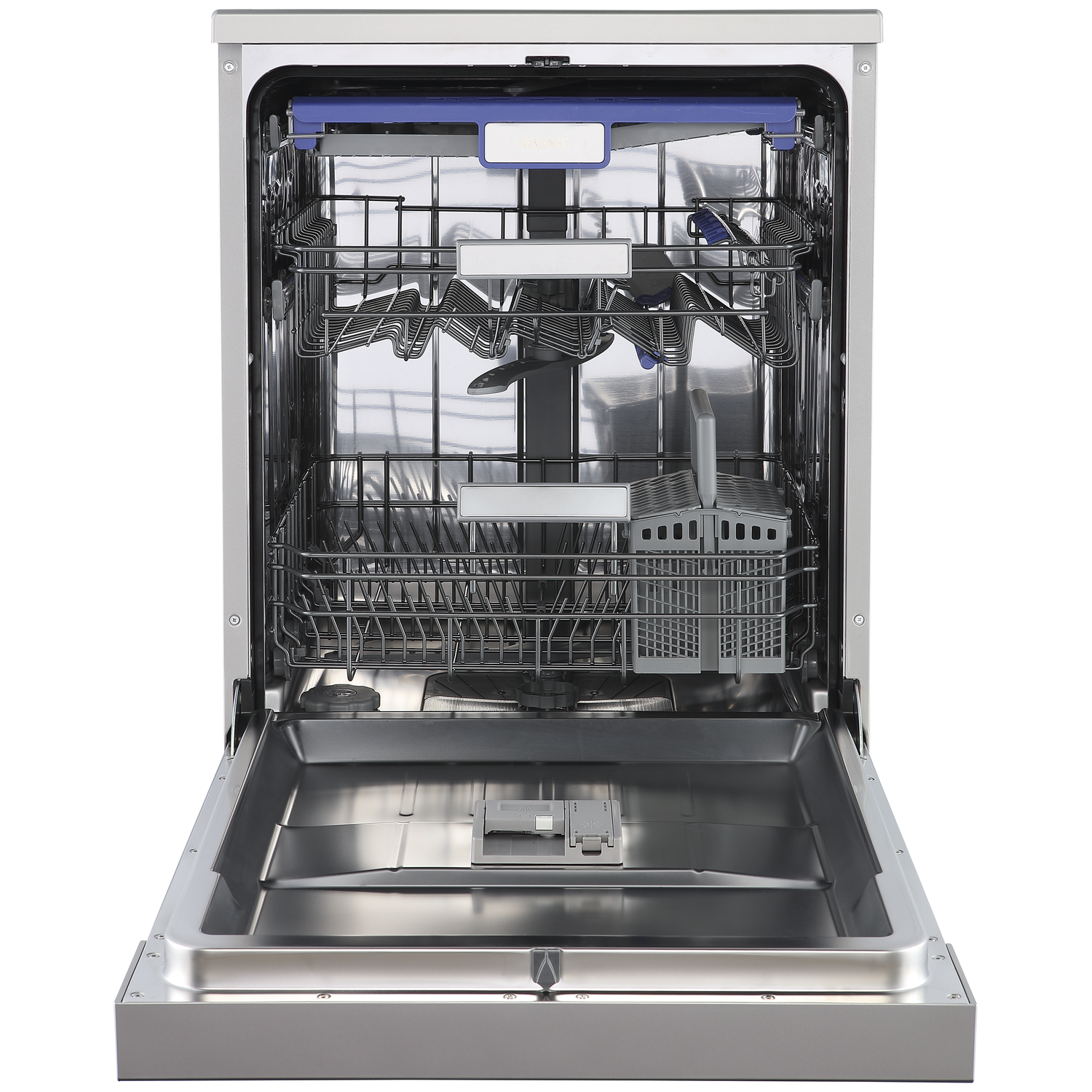 An open, empty dishwasher with silver racks and a blue handle.