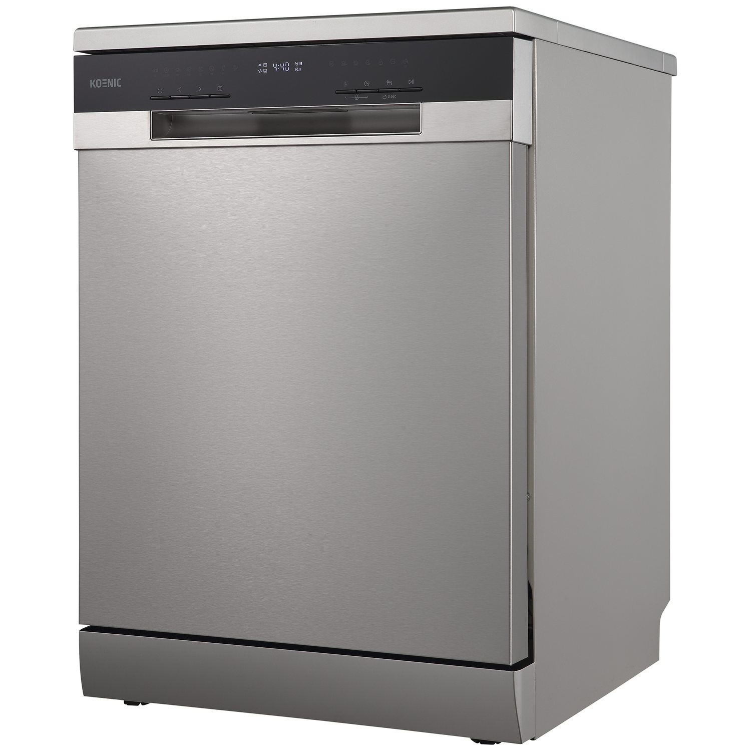 A silver Koenic dishwasher with a digital display and control panel.