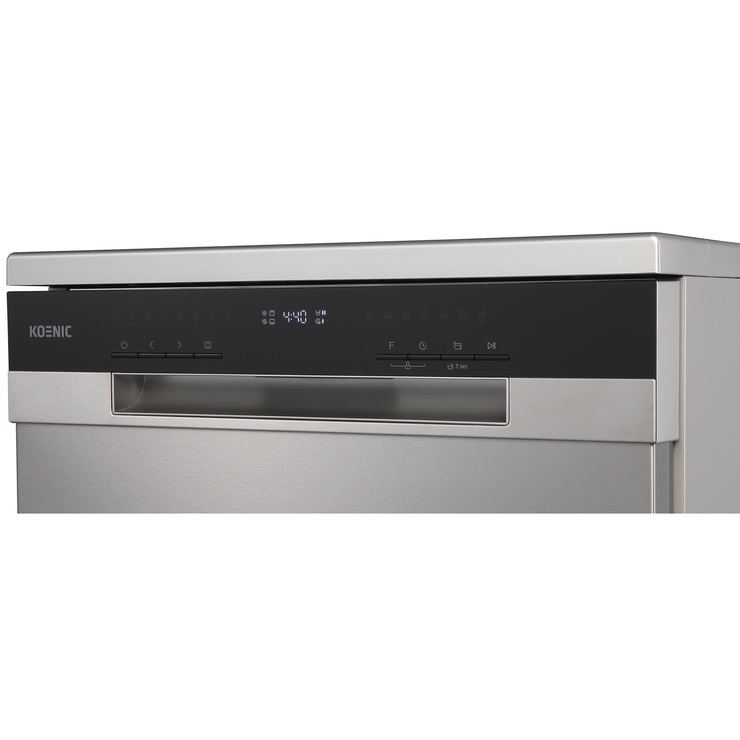 Close-up of a silver dishwasher with a black control panel and digital display.