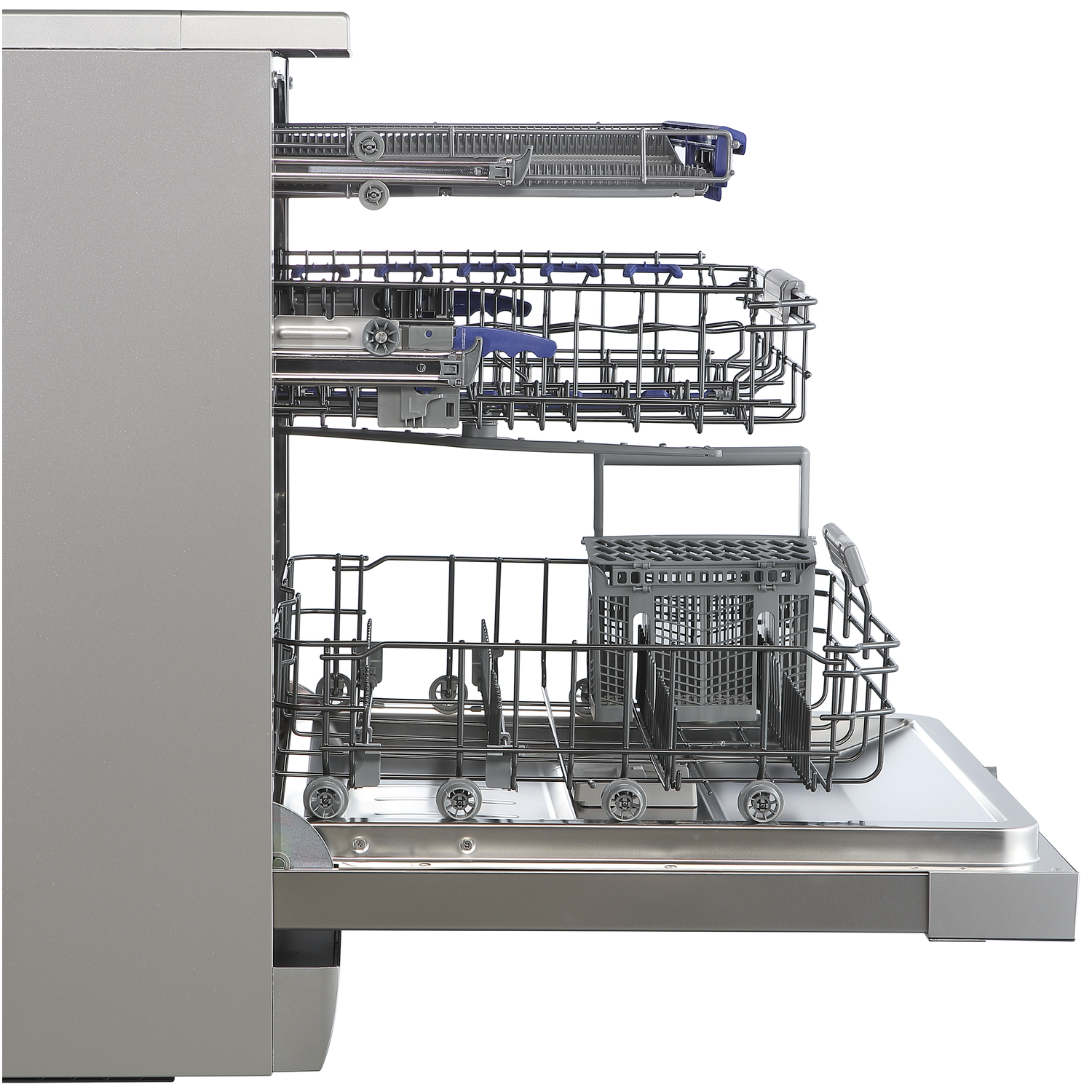 Dishwasher interior with three pull-out racks and a cutlery basket. Gray metal exterior.