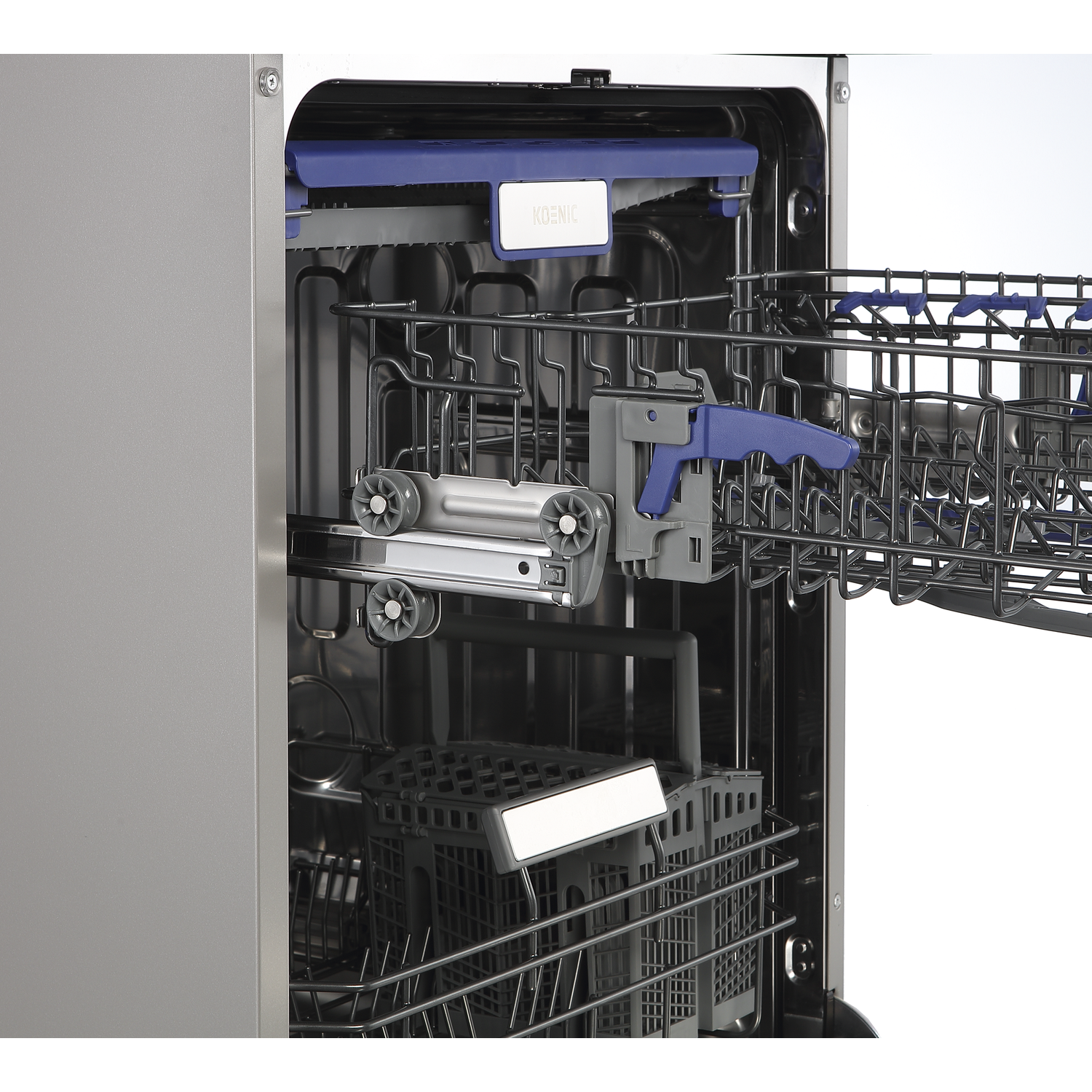 Interior view of an open dishwasher with pulled-out racks and blue handles.