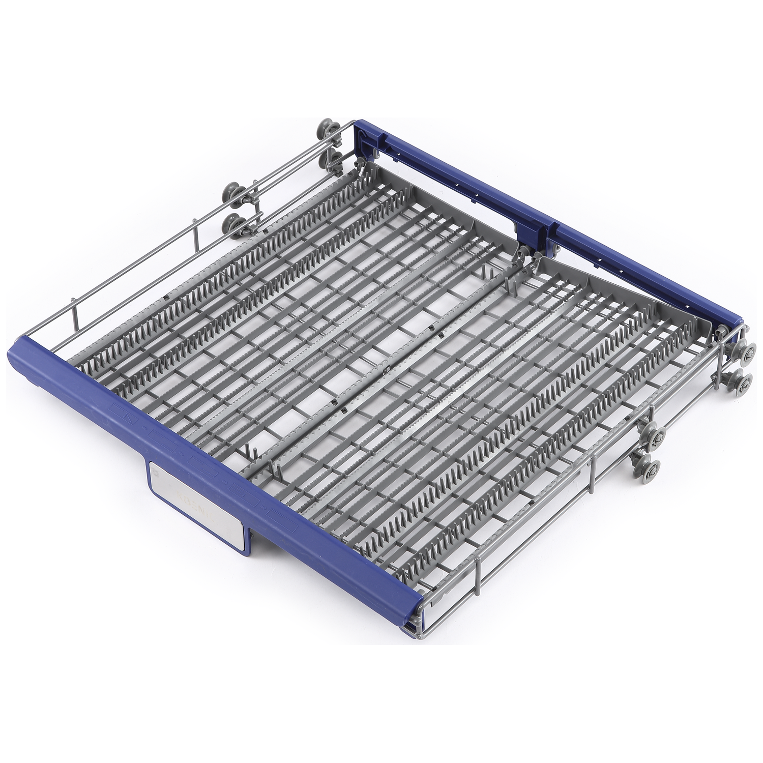 A gray dishwasher rack with blue accents and wheels on a white background.