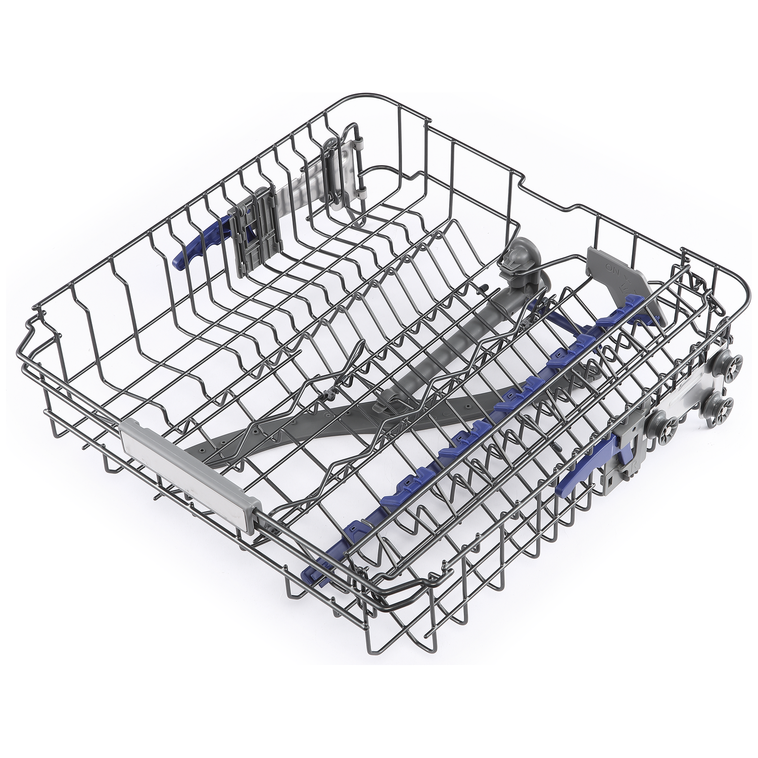 An empty, silver dishwasher rack with blue holders and wheels.