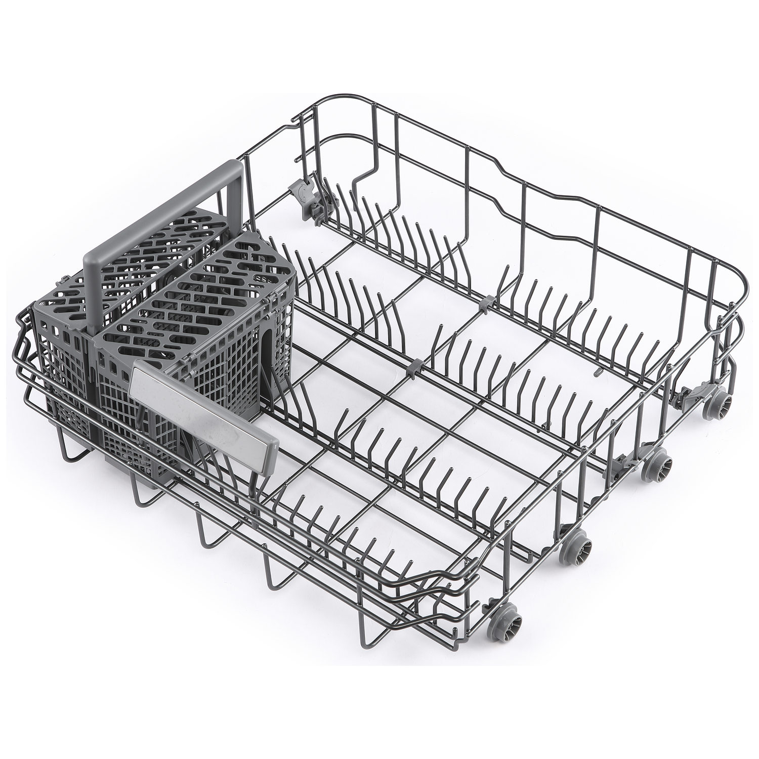An empty metal dishwasher rack with a cutlery basket on a white background.