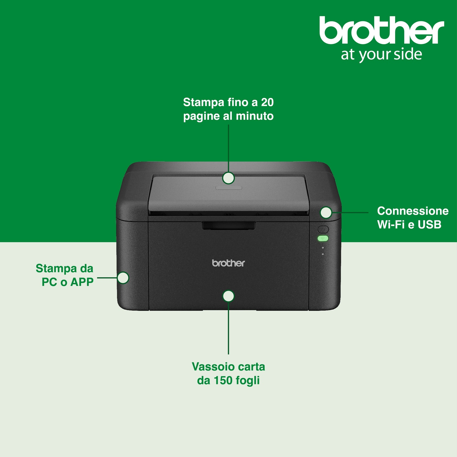 Stampante Brother: 20 ppm, Wi-Fi/USB, stampa PC/App, vassoio 150 fogli.