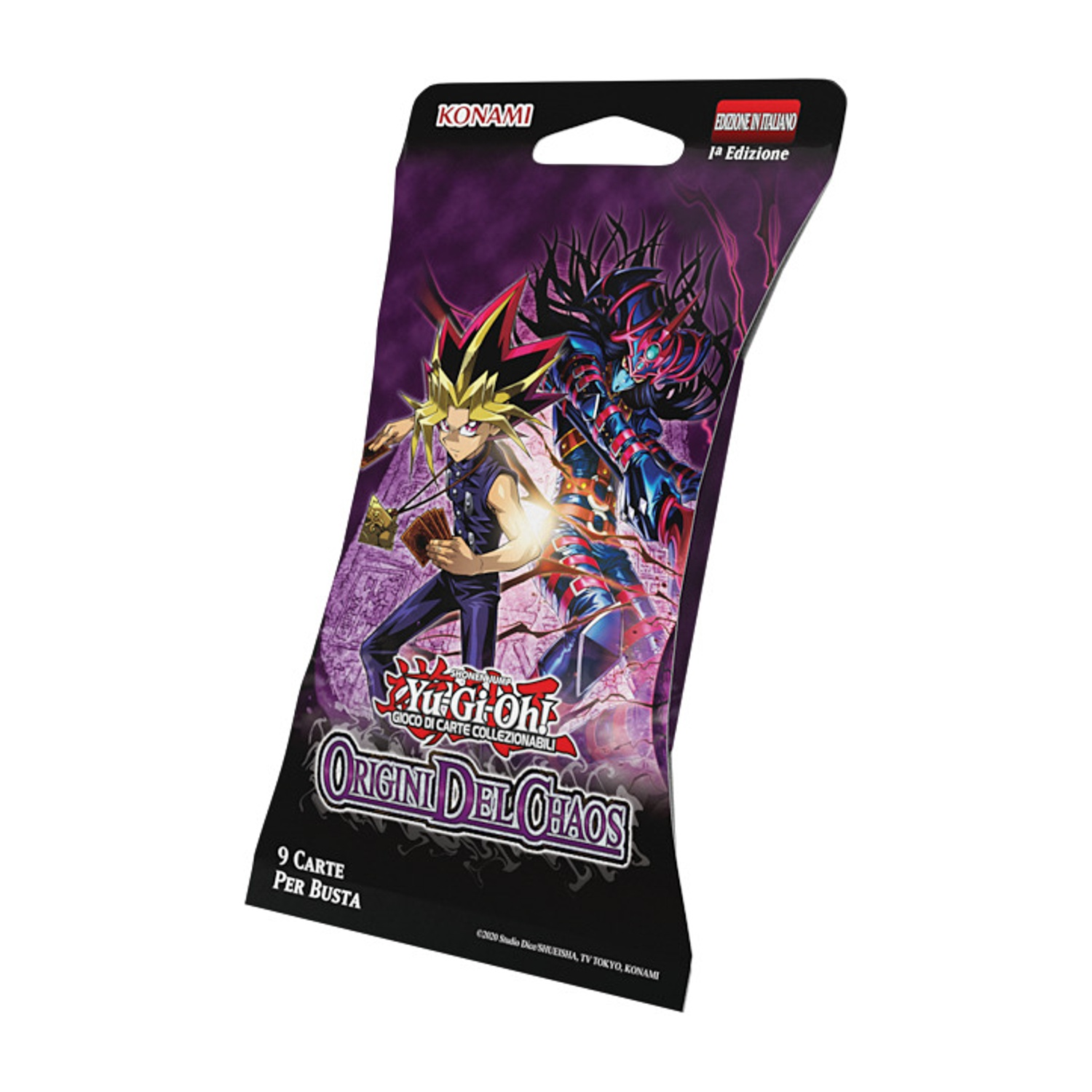 Busta di carte Yu-Gi-Oh! con Yugi e Mago Oscuro su sfondo viola.