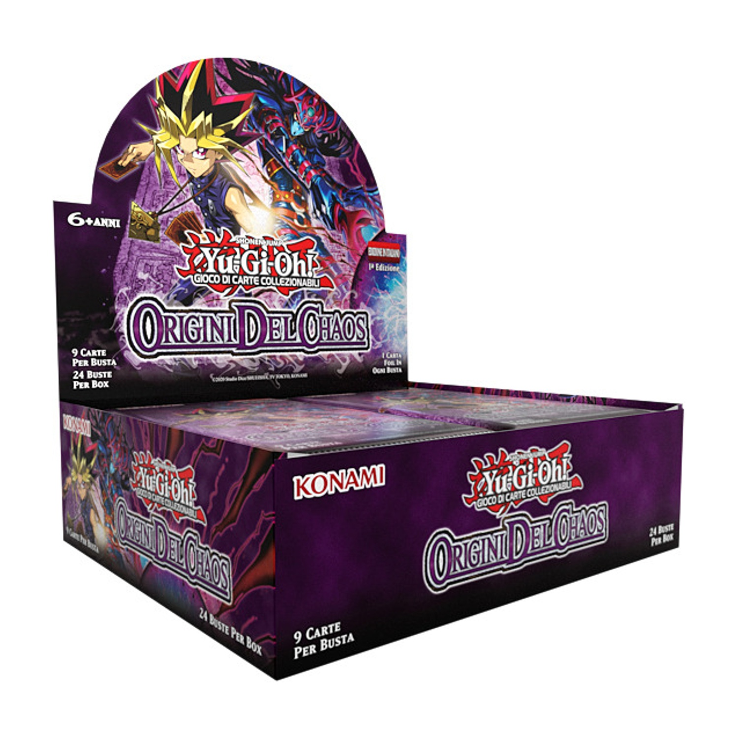 Box di carte collezionabili Yu-Gi-Oh! 'Origini del Caos'. Colori scuri e figure.