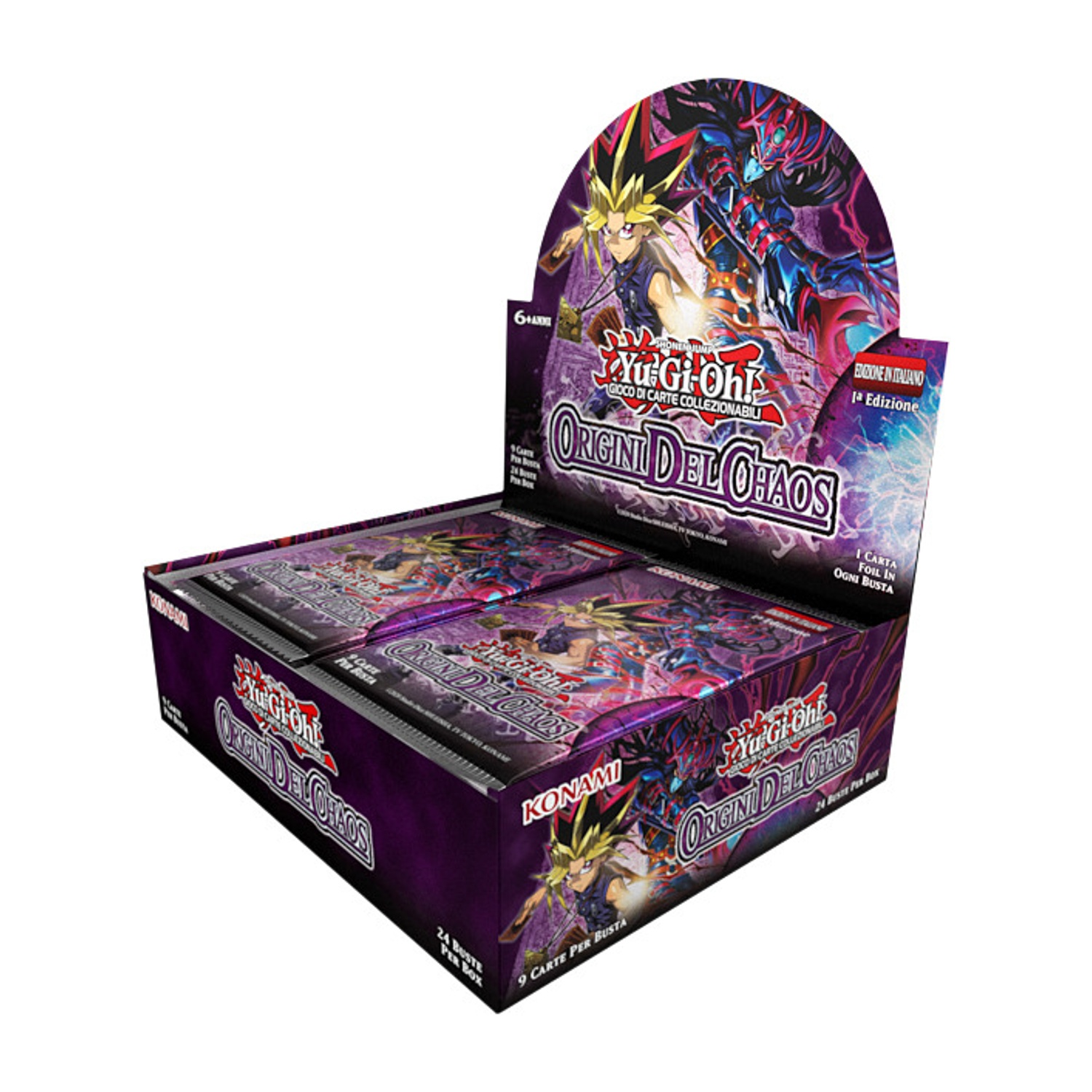 Una scatola di carte collezionabili Yu-Gi-Oh! intitolata 'Origini del Chaos'.