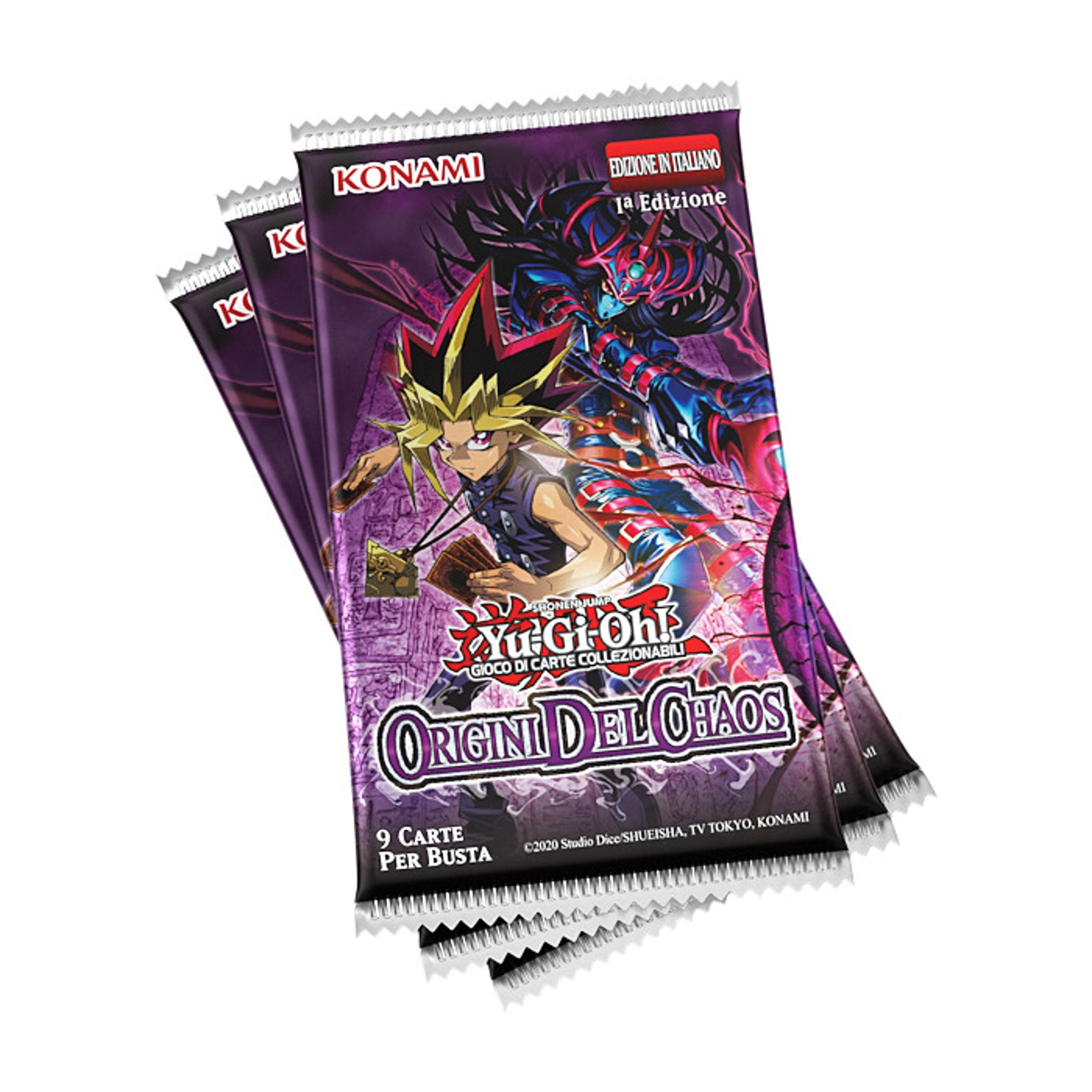 Tre buste di carte collezionabili Yu-Gi-Oh! con Yugi e Mago Oscuro in copertina.