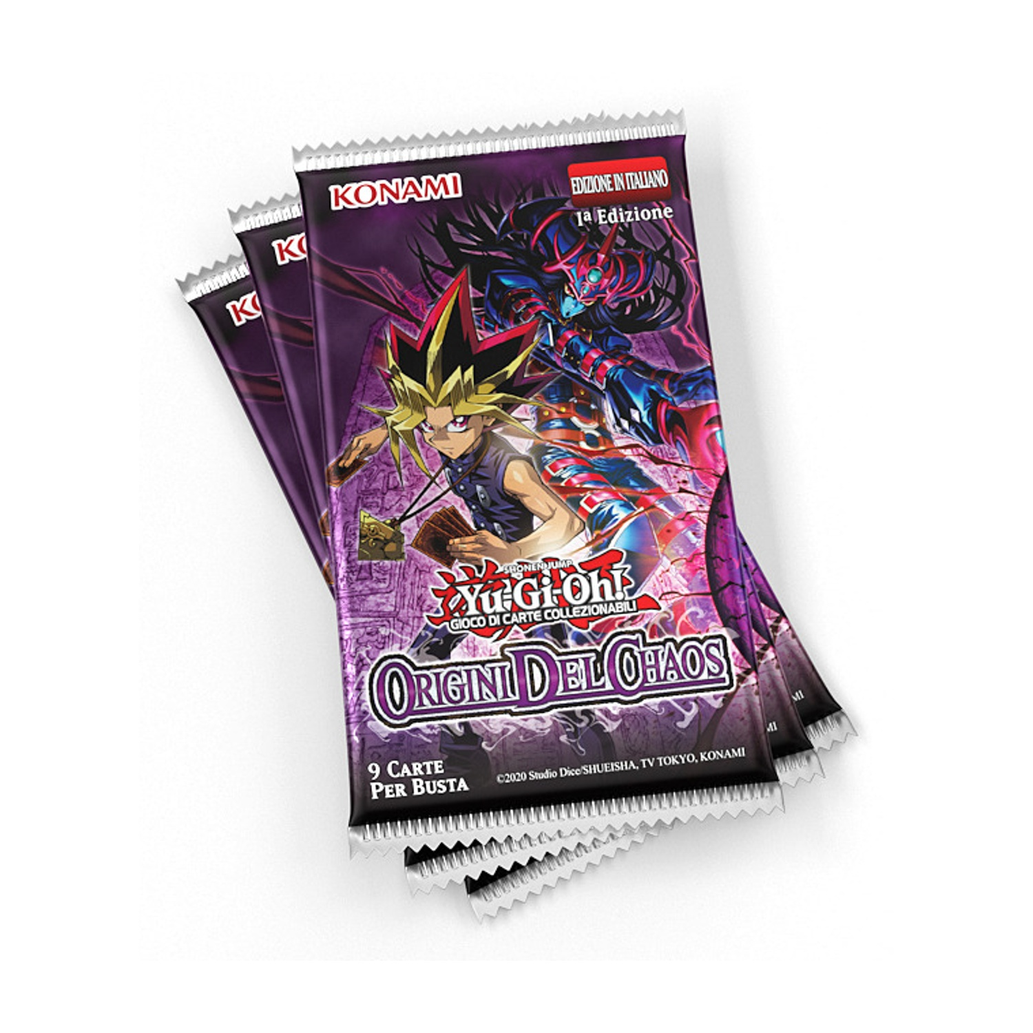 Tre buste di carte collezionabili Yu-Gi-Oh! con Yugi e Dark Magician in copertina.