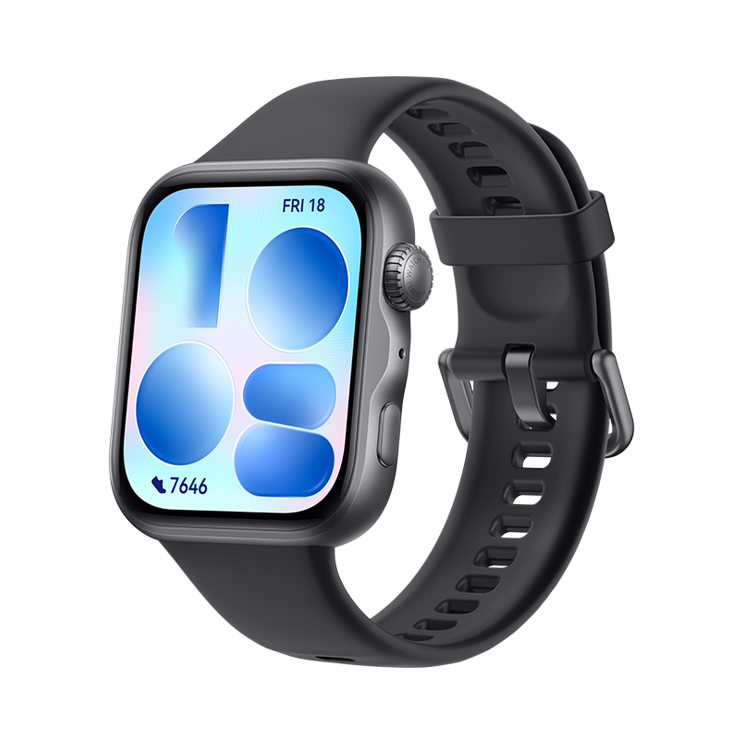 Uno smartwatch grigio con cinturino nero e display colorato. Mostra Ven 18 e 7646 passi.