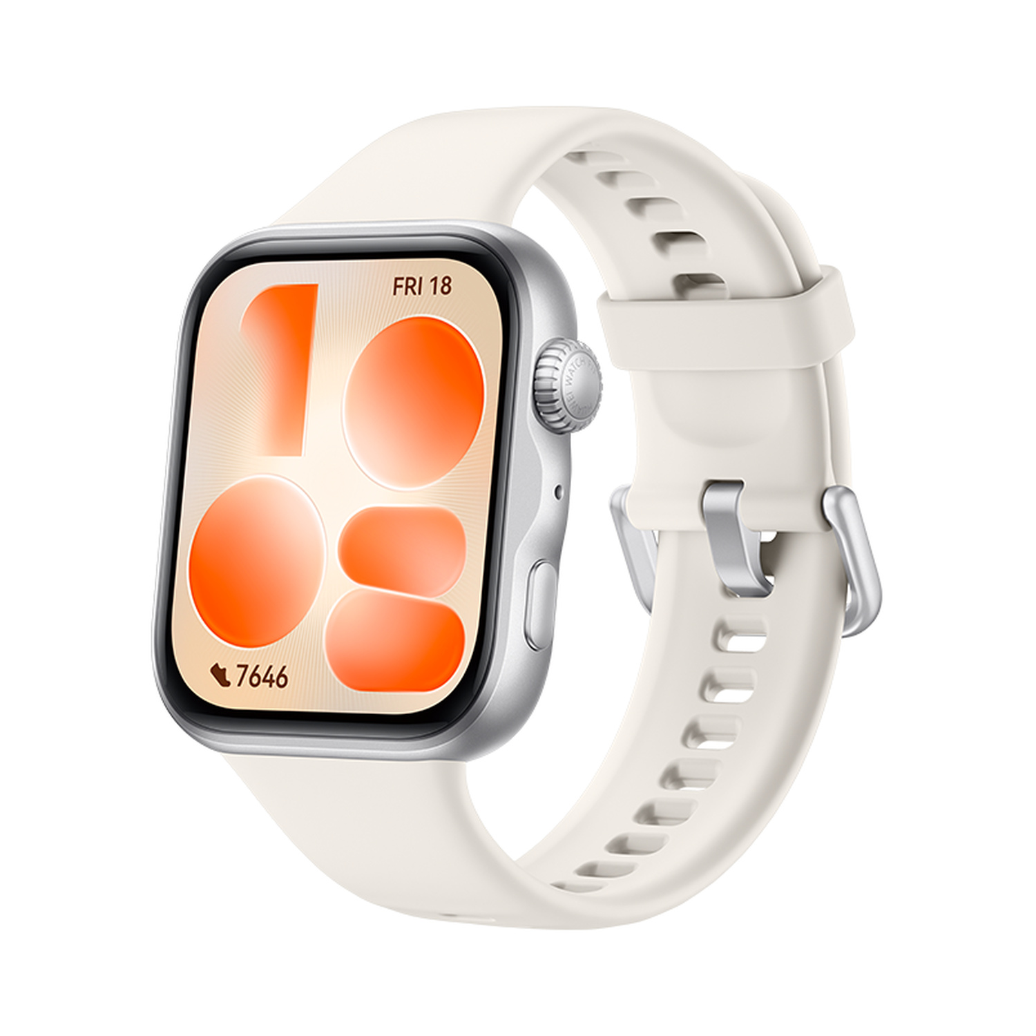 Uno smartwatch bianco con cassa argentata, che mostra venerdì 18 sullo schermo.
