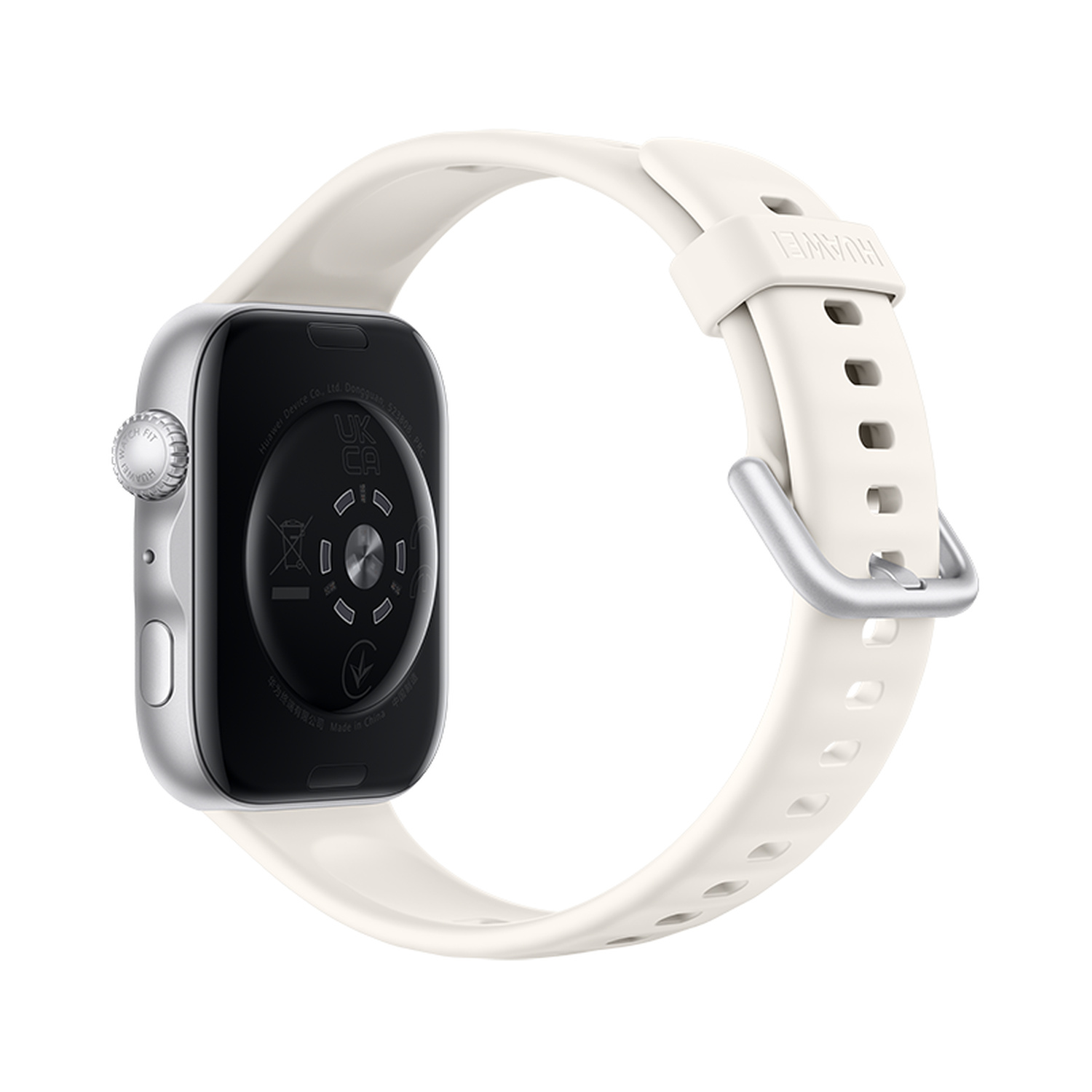 Smartwatch argento con cinturino bianco, retro mostra logo e certificazioni.