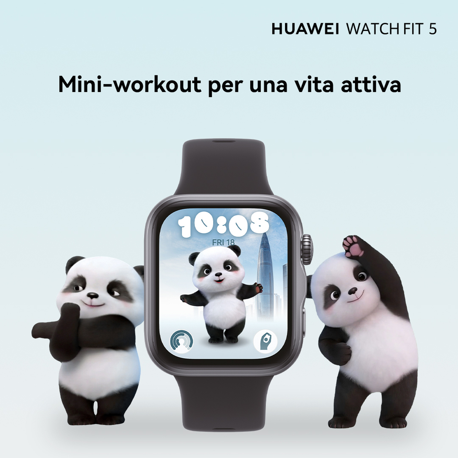 Huawei Watch Fit 5 con due panda, uno a sinistra e uno a destra, che fanno esercizio.