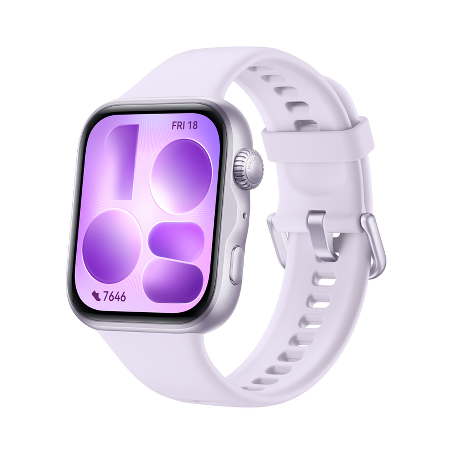 Uno smartwatch argentato con cinturino lilla mostra un'interfaccia viola con 'FRI 18'.