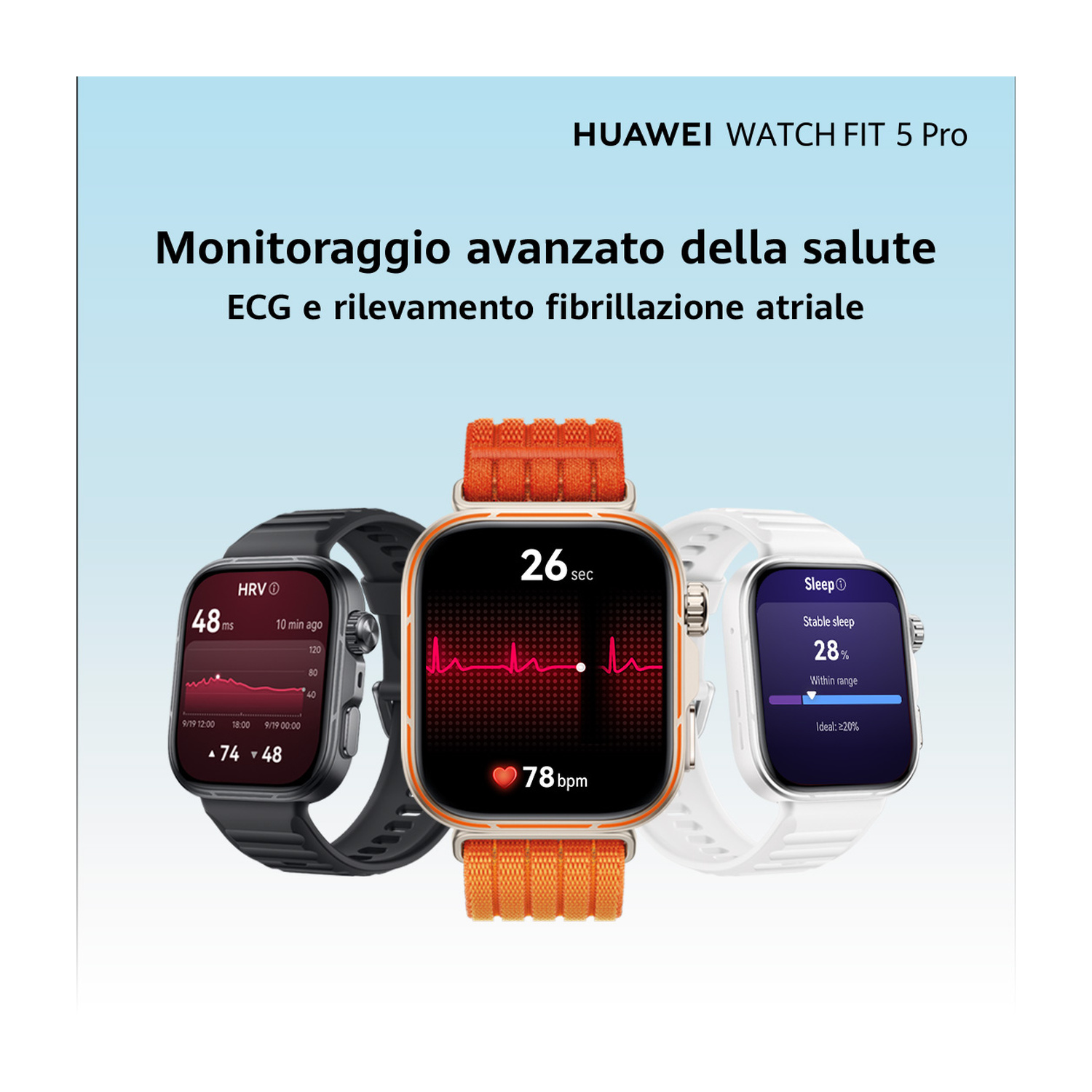 Tre smartwatch Huawei Watch Fit 5 Pro con dati sanitari sui display.