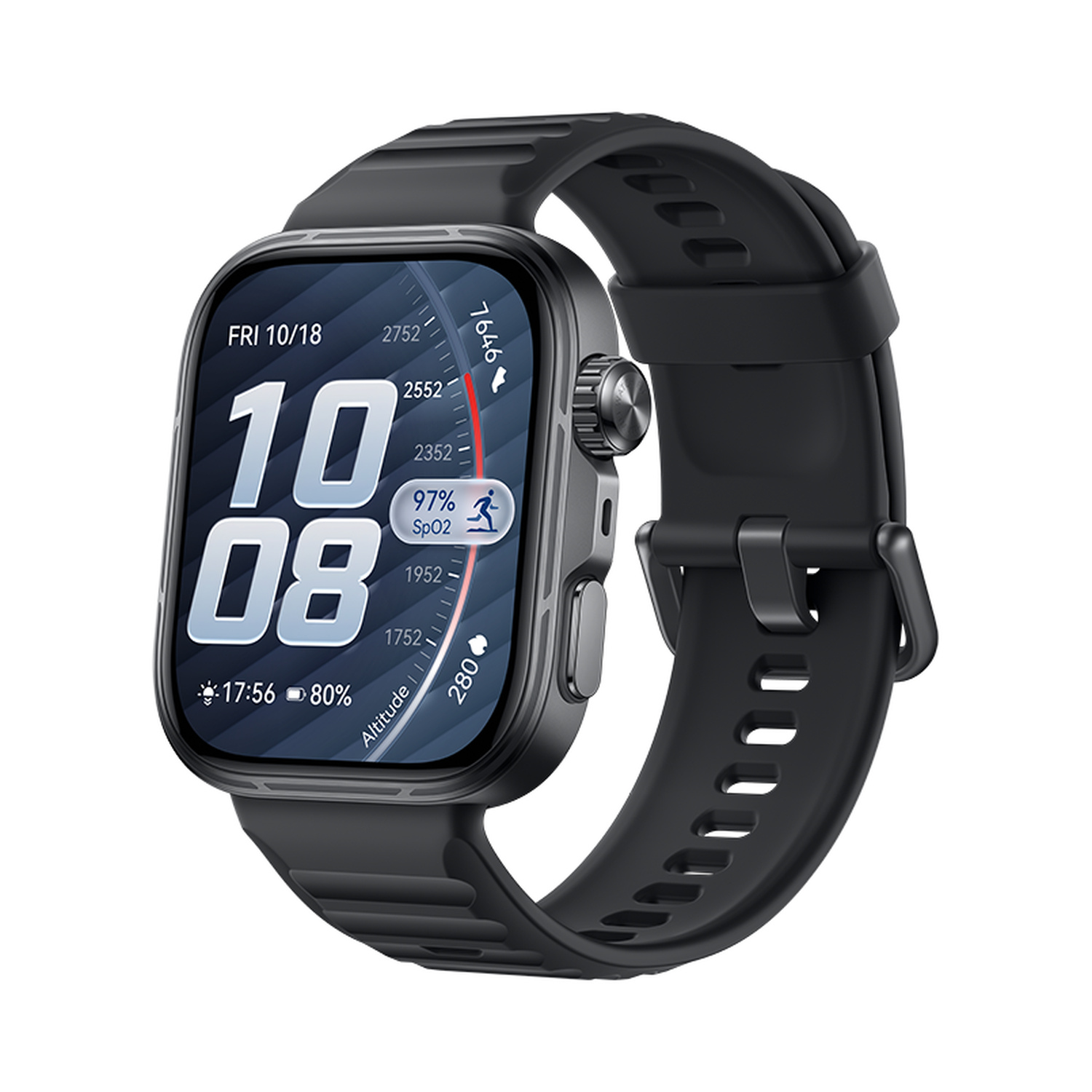 Uno smartwatch nero con display grande mostra ora, data, SpO2 e altitudine.