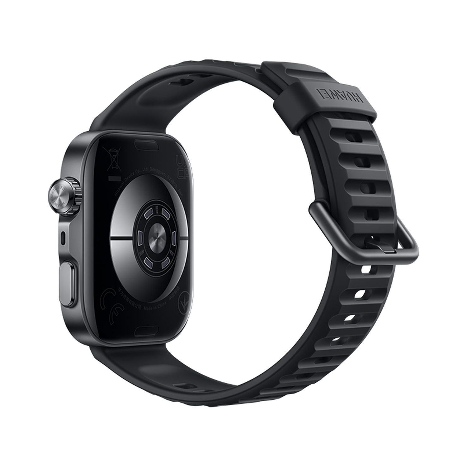 Smartwatch nero con lunetta e cinturino su sfondo bianco.