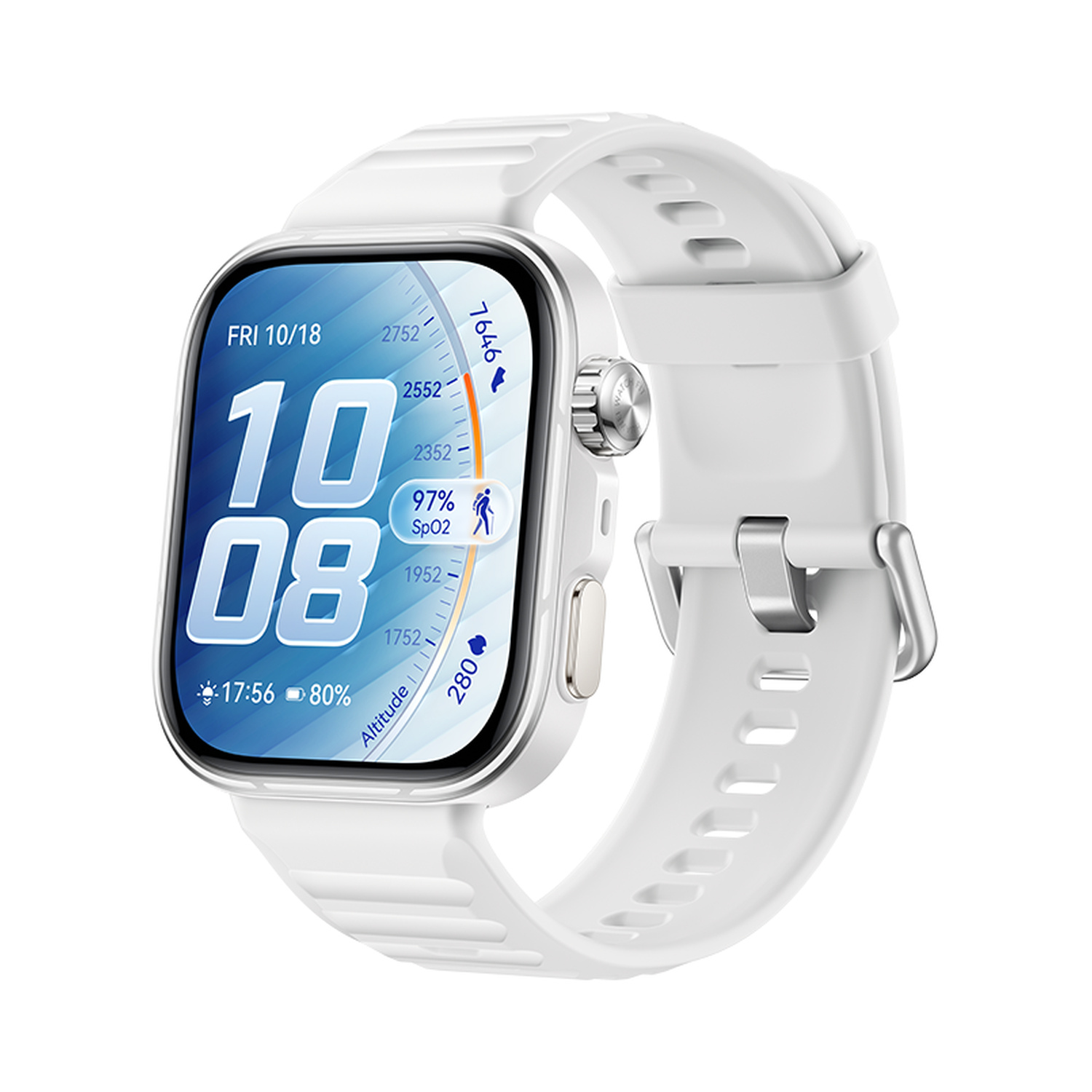 Smartwatch bianco con ampio display che mostra ora 10:08, SpO2 97%, data e dati fitness.