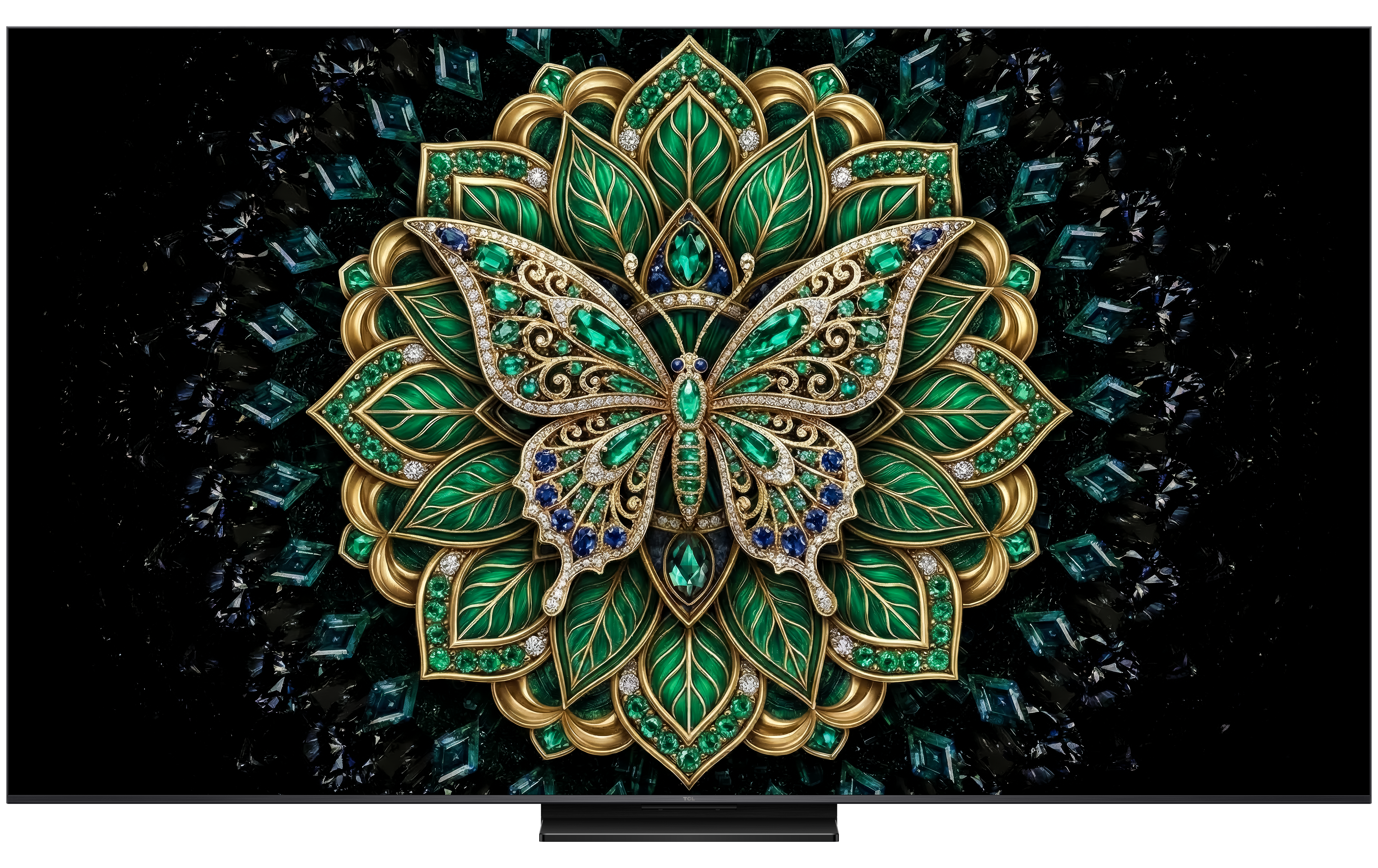 Ein opulent verzierter Schmetterling aus Smaragden und Gold auf einem Blumenmuster.
