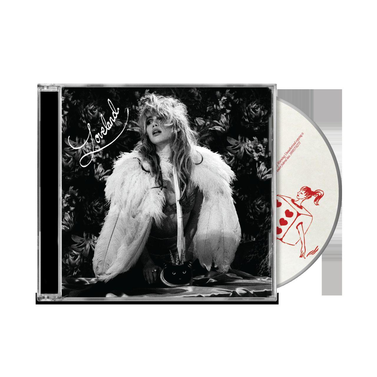 CD-Cover: Frau im flauschigen Boa, "Loveland"-Schriftzug. CD zeigt Figur in einer Box.