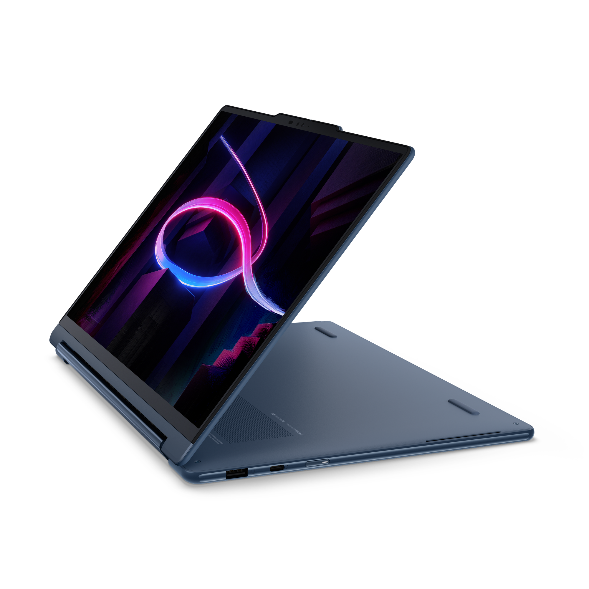 Ein blauer Laptop ist geöffnet. Auf dem Bildschirm ist ein neonfarbener Ring zu sehen.