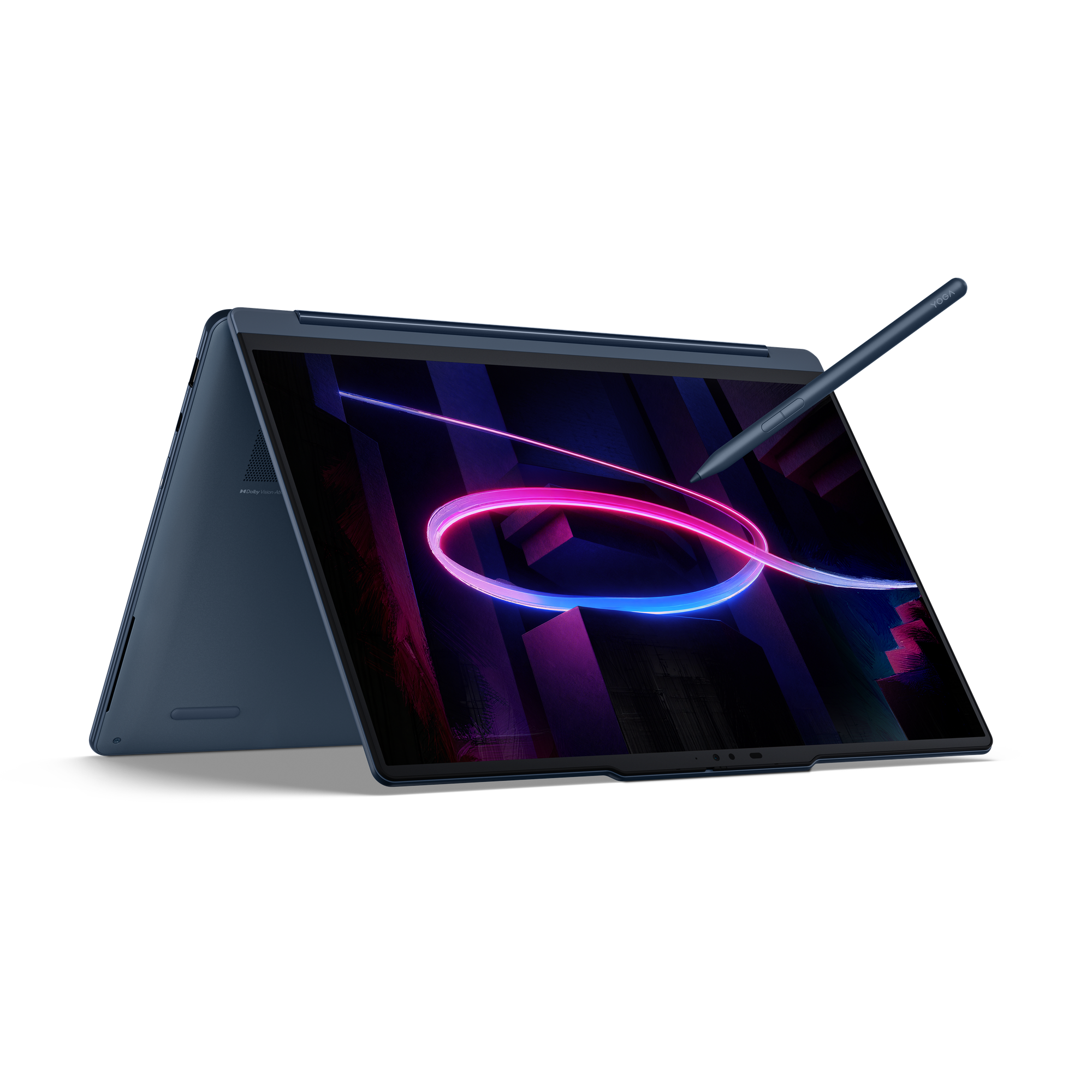 Ein blaues Convertible-Notebook mit Stift, das auf einem schwarzen Hintergrund steht.