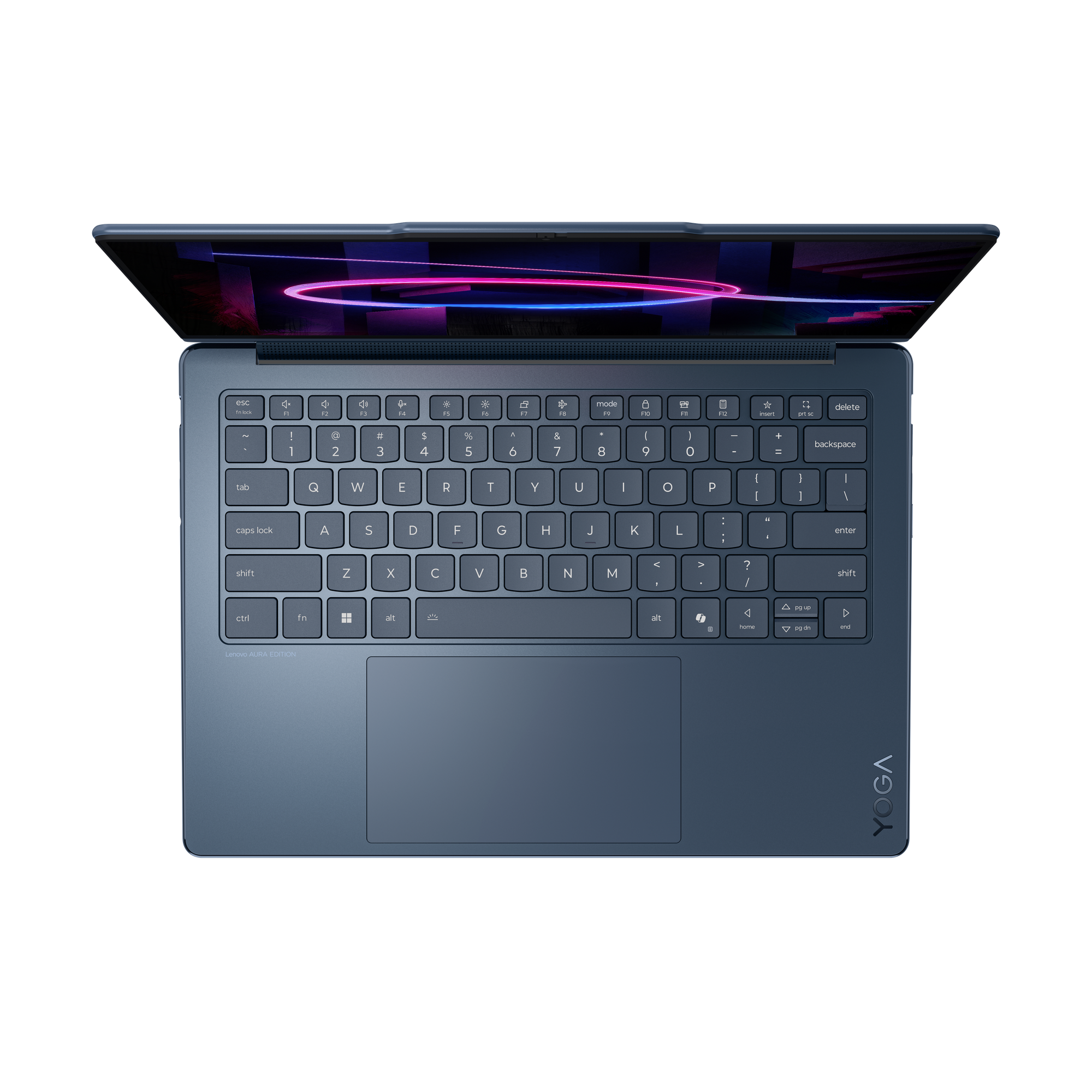 Ein geöffneter, dunkelblauer Laptop mit leuchtendem Hintergrundbild und Tastatur.