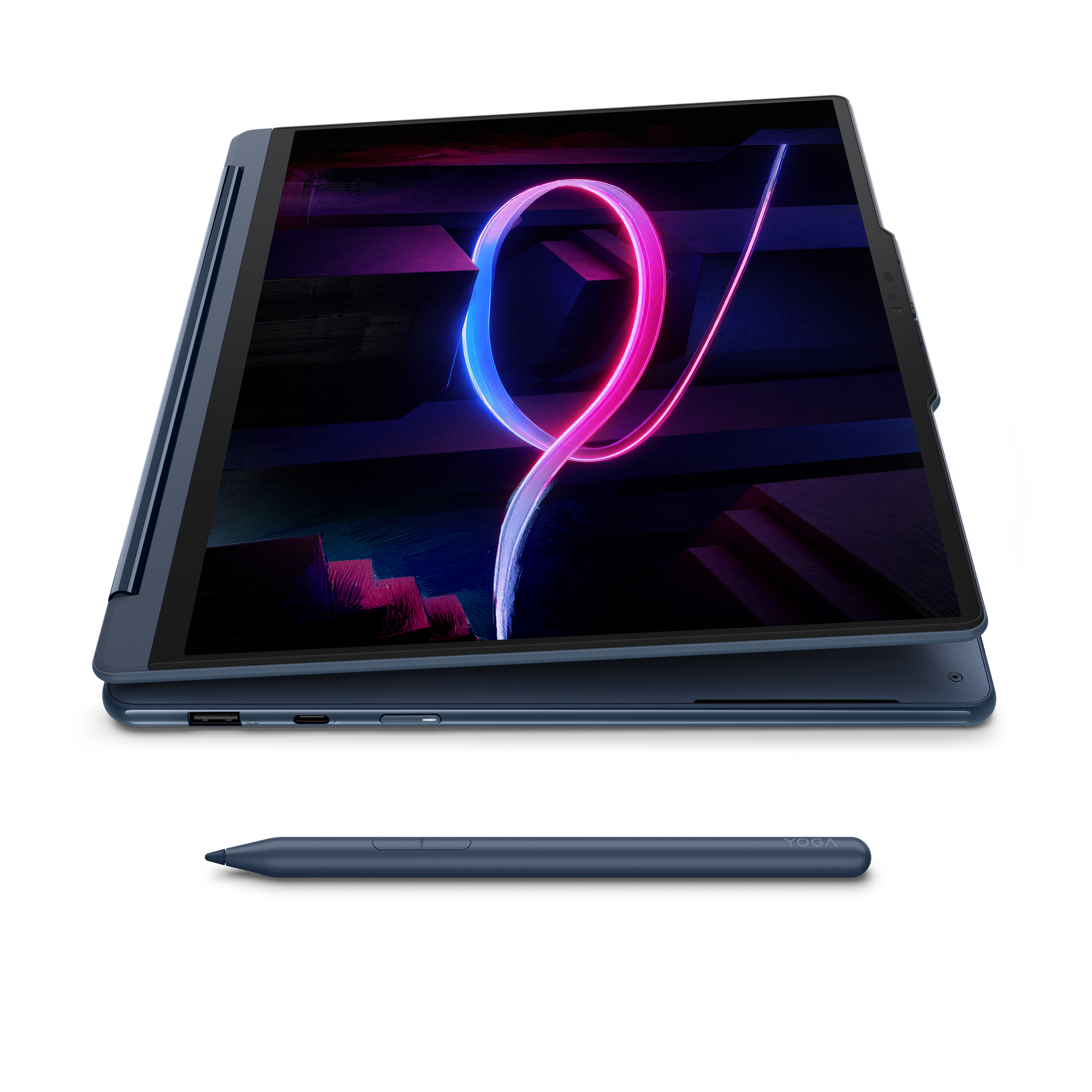 Ein blaues Yoga-Notebook mit Stift. Der Bildschirm zeigt eine Neonzeichnung.