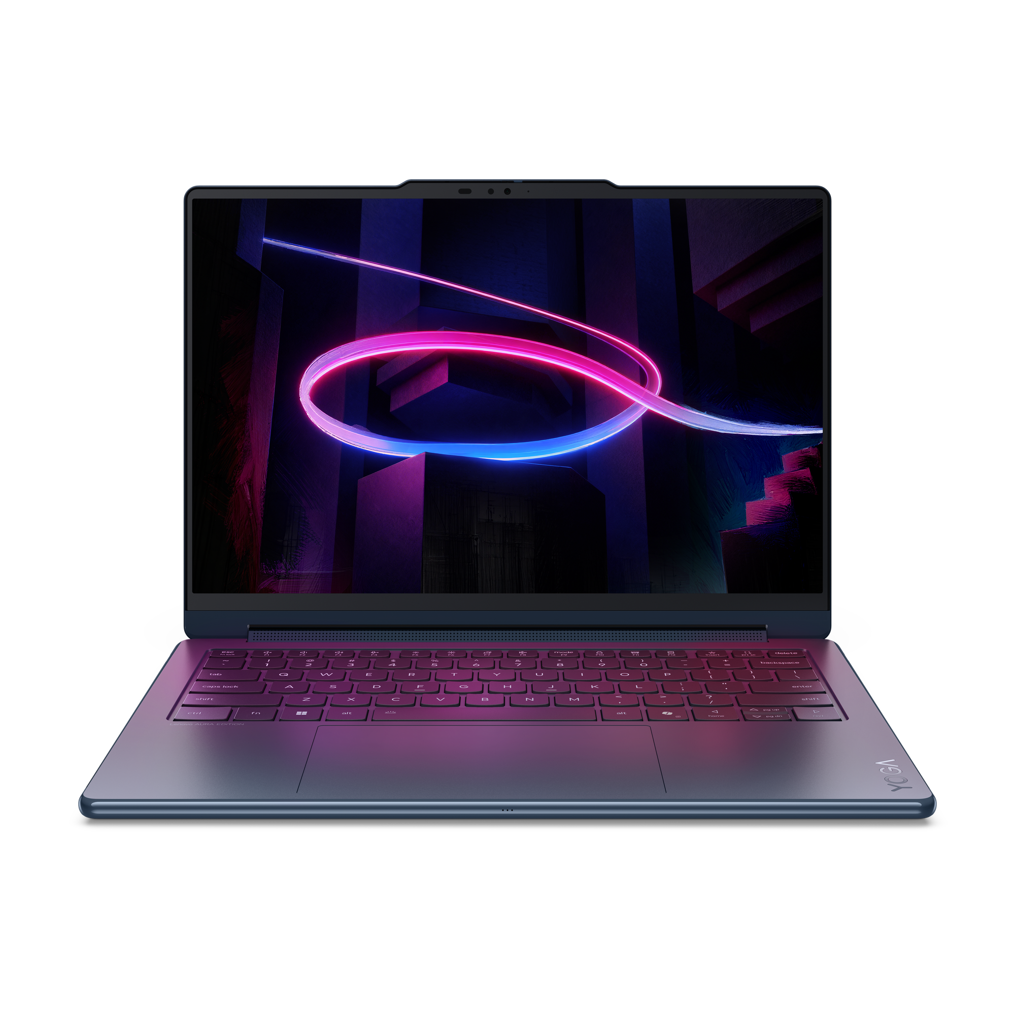 Ein geöffneter Laptop mit einem abstrakten, neonfarbenen Hintergrund auf dem Bildschirm.