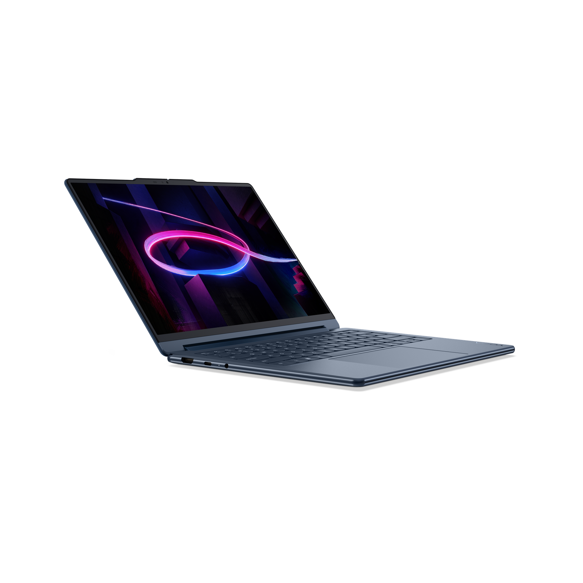 Ein blauer Laptop mit leuchtendem, abstraktem Hintergrund auf dem Bildschirm.