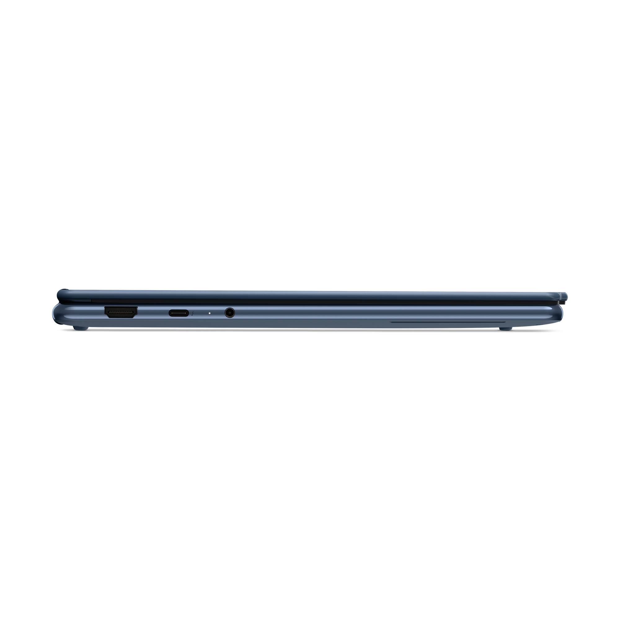Seite eines blauen Laptops mit Anschlüssen: USB-C, Kopfhörerbuchse.