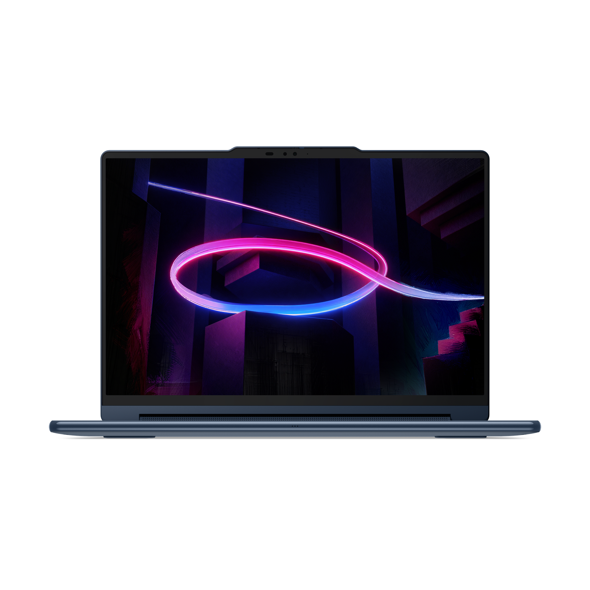 Ein geschlossener blauer Laptop mit einem abstrakten, neonfarbenen Hintergrund.