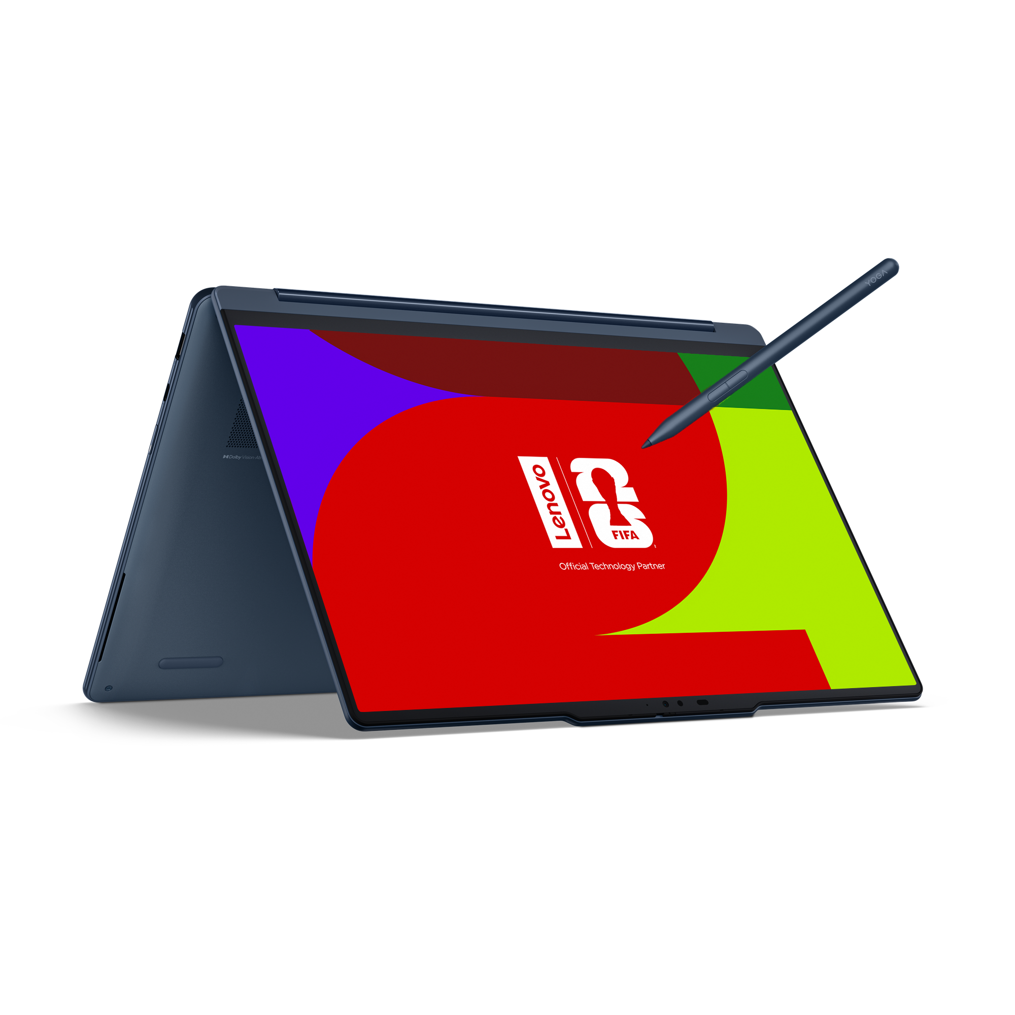 Ein dunkelblauer Laptop mit Stift, der auf den Bildschirm zeigt. Der Bildschirm hat ein Logo.