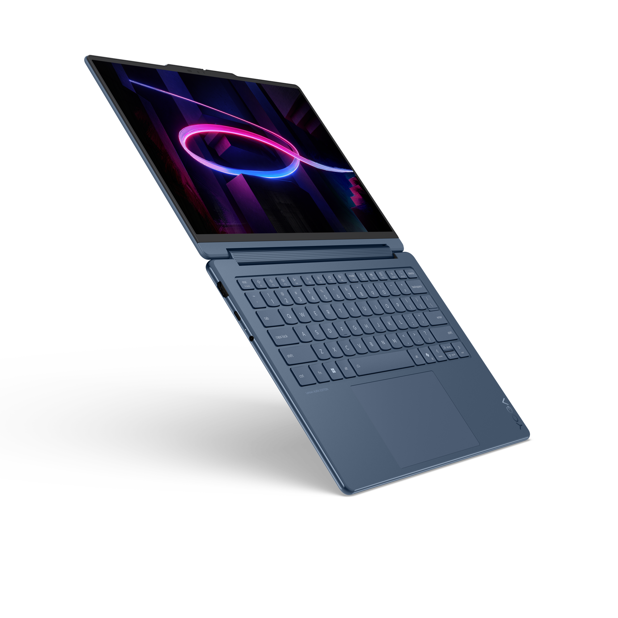 Ein blauer Laptop mit beleuchteter Tastatur und abstraktem Hintergrund auf dem Bildschirm.