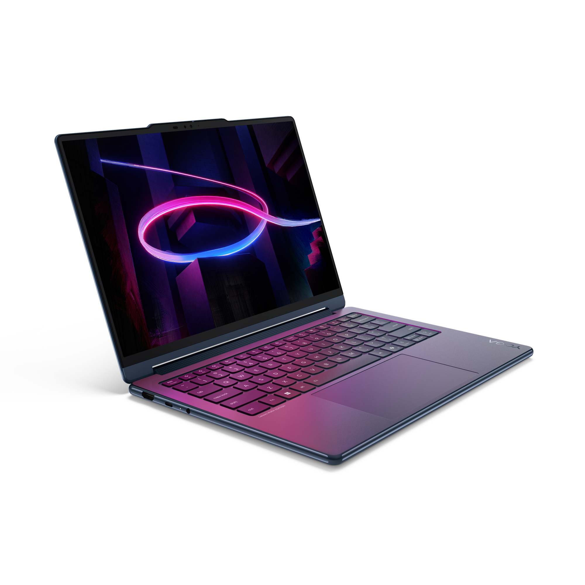Ein geöffneter Laptop mit lila und blauer Beleuchtung auf der Tastatur und dem Bildschirm.