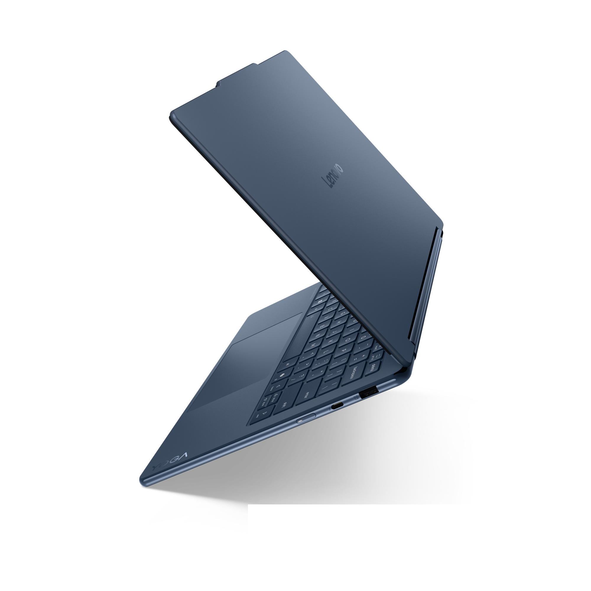 Ein blauer Lenovo Yoga Laptop ist geöffnet, Tastatur und Touchpad sichtbar.