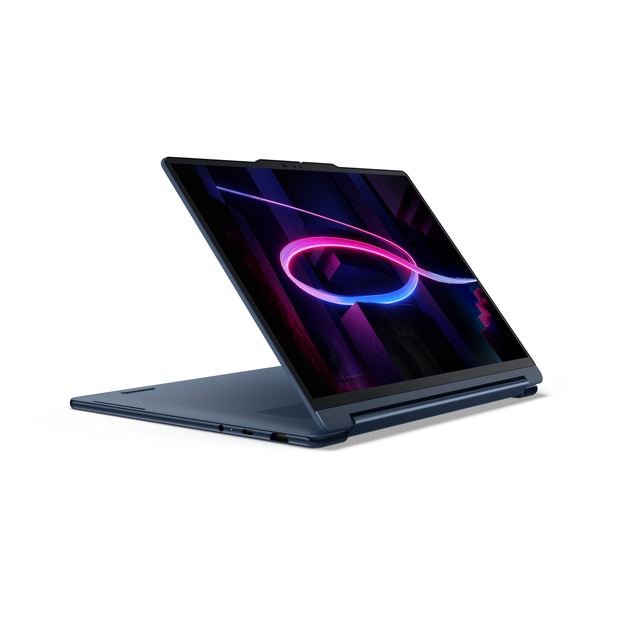 Ein geöffneter, dunkelblauer Laptop mit einem abstrakten, neonfarbenen Muster auf dem Bildschirm.