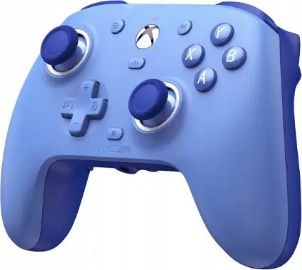 Jasnoniebieski kontroler Xbox z ciemnoniebieskimi drążkami i przyciskami na białym tle.