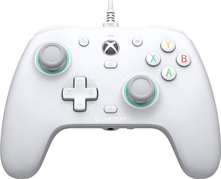 Biały kontroler do gier z dwoma joystickami, przyciskami A/B/X/Y i D-padem.