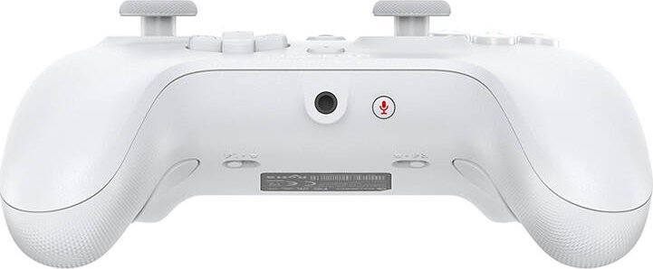 Biały kontroler do gier z dwoma joystickami, przyciskami i portem mikrofonowym.