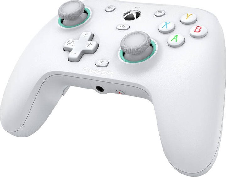 Biały kontroler do gier ze srebrnymi joystickami i kolorowymi przyciskami.