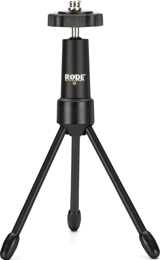 Un mini trépied noir avec logo RØDE, sur fond noir.