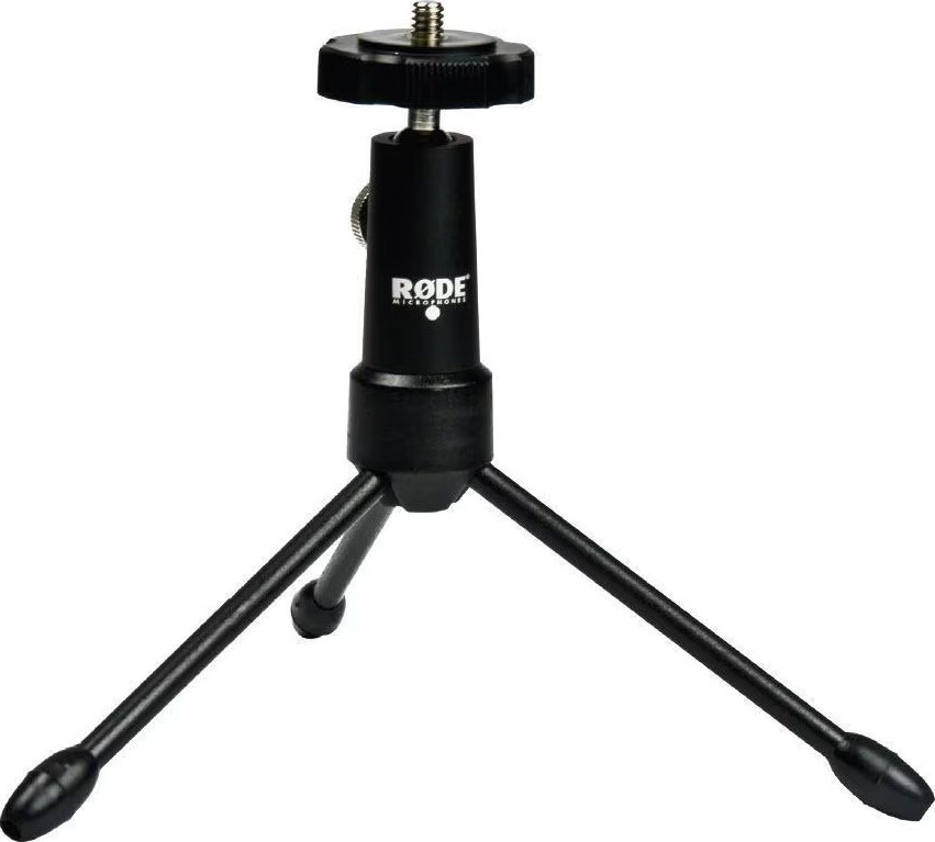 Un trépied de microphone Rode noir avec trois pieds et une fixation à vis.