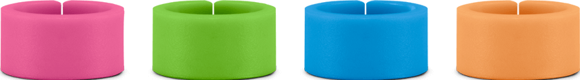 Quatre anneaux colorés côte à côte : rose, vert, bleu et orange.